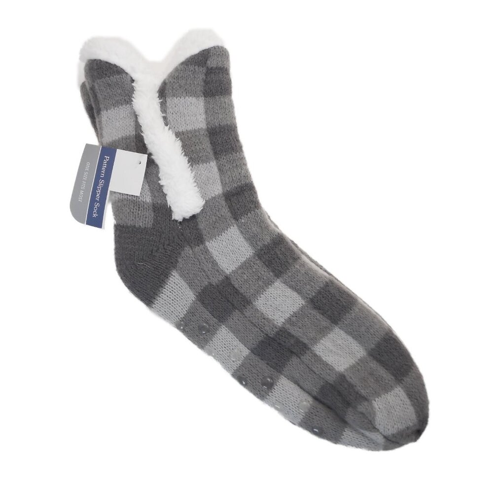 Women’s Gray Plaid Pattern Grippy Slipper Socks One Size New NWT Cozy Fuzzy